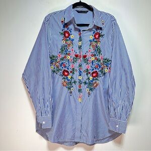 Zara Blue White Striped Floral Embroidered Button Down Shirt Size M
